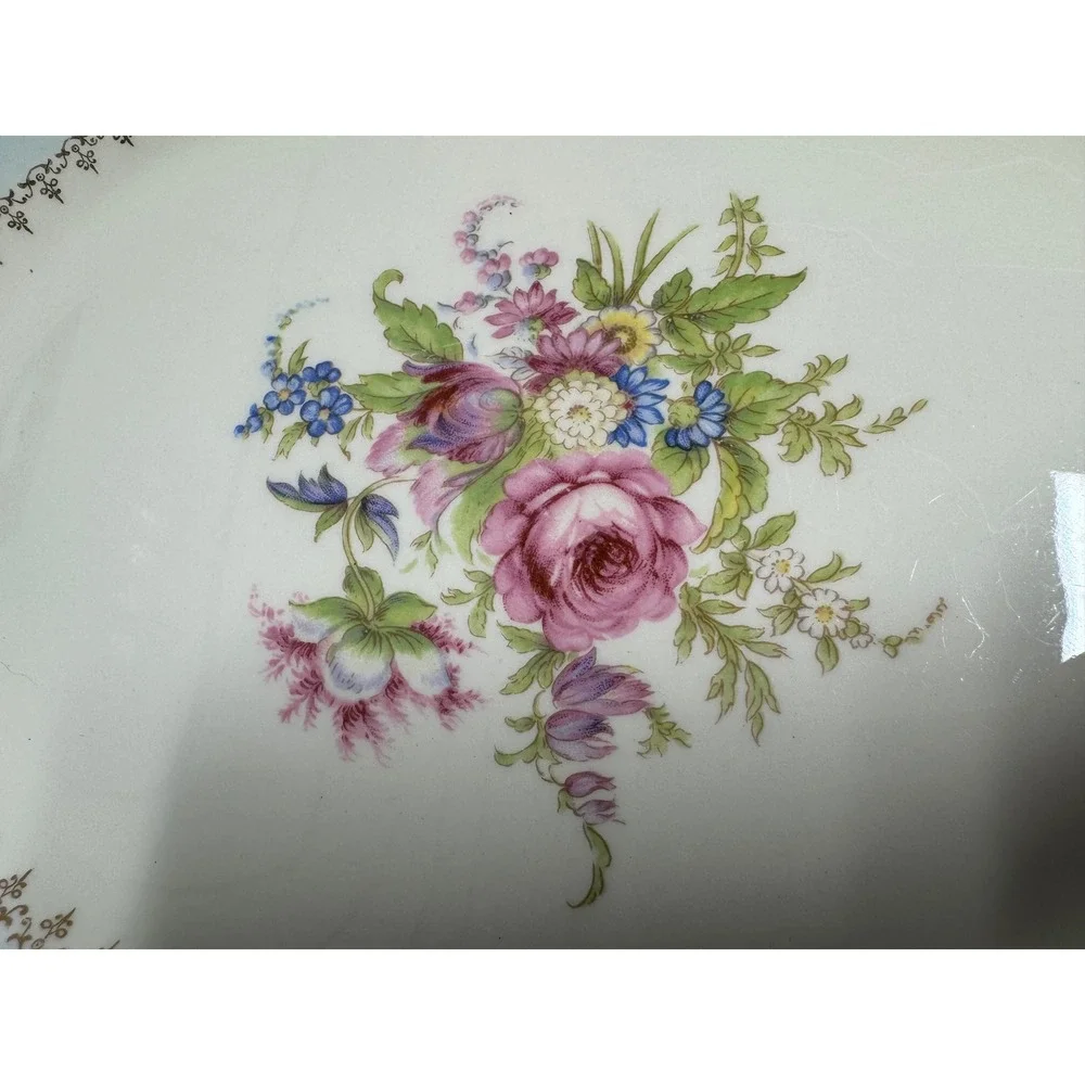 Vintage Floral Oval Serving Platter Set Blue Gold Gilt Scalloped Edge 2 Piece